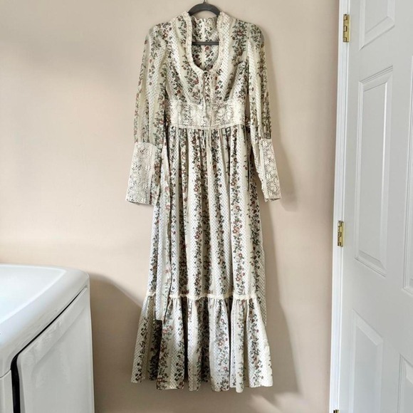 Handmade Dresses & Skirts - Vintage 70s Handmade Lace, Floral + Polka Dot Maxi Dress XS prairie boho green